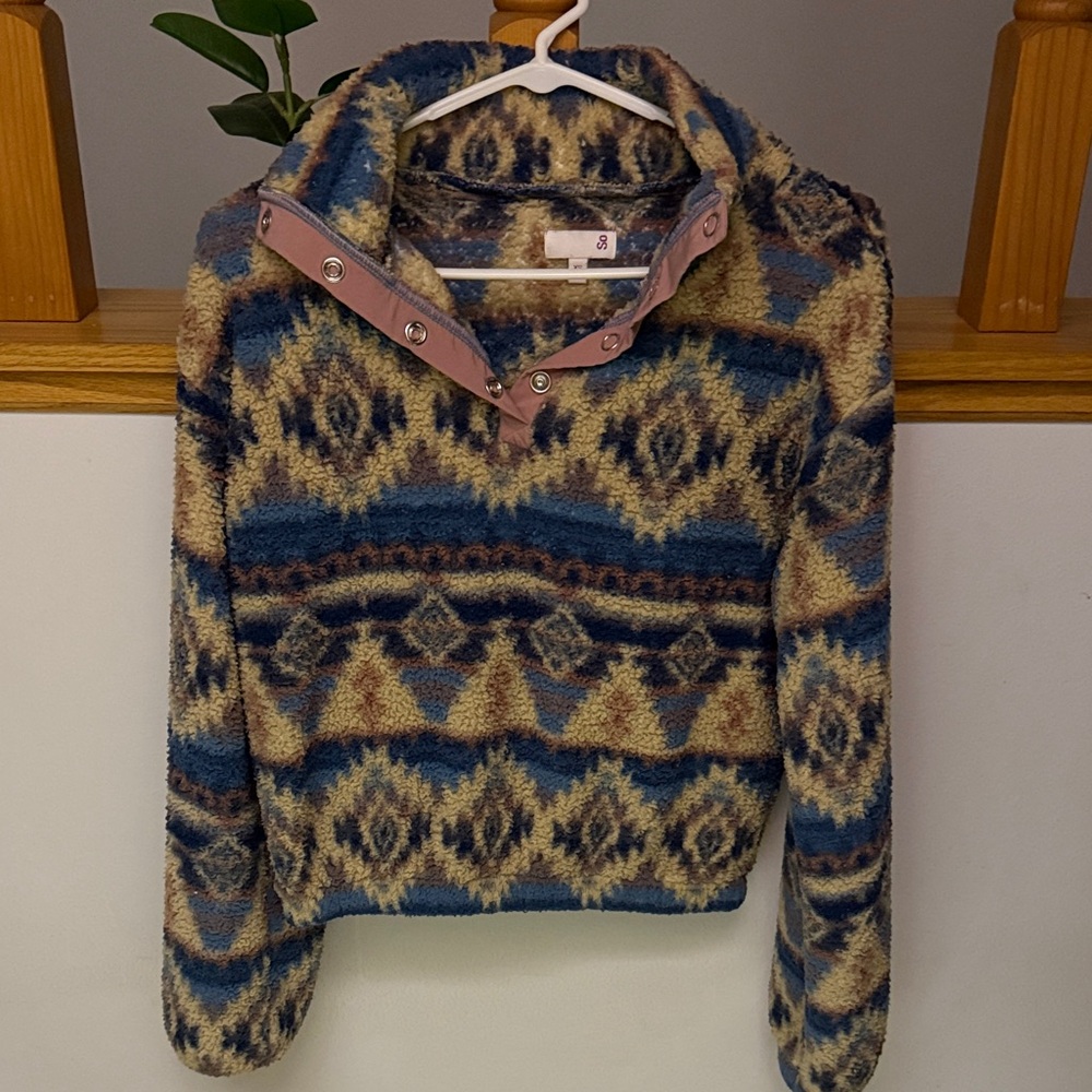 SO Blue and Tan Patterned Cowl Neck Sweater